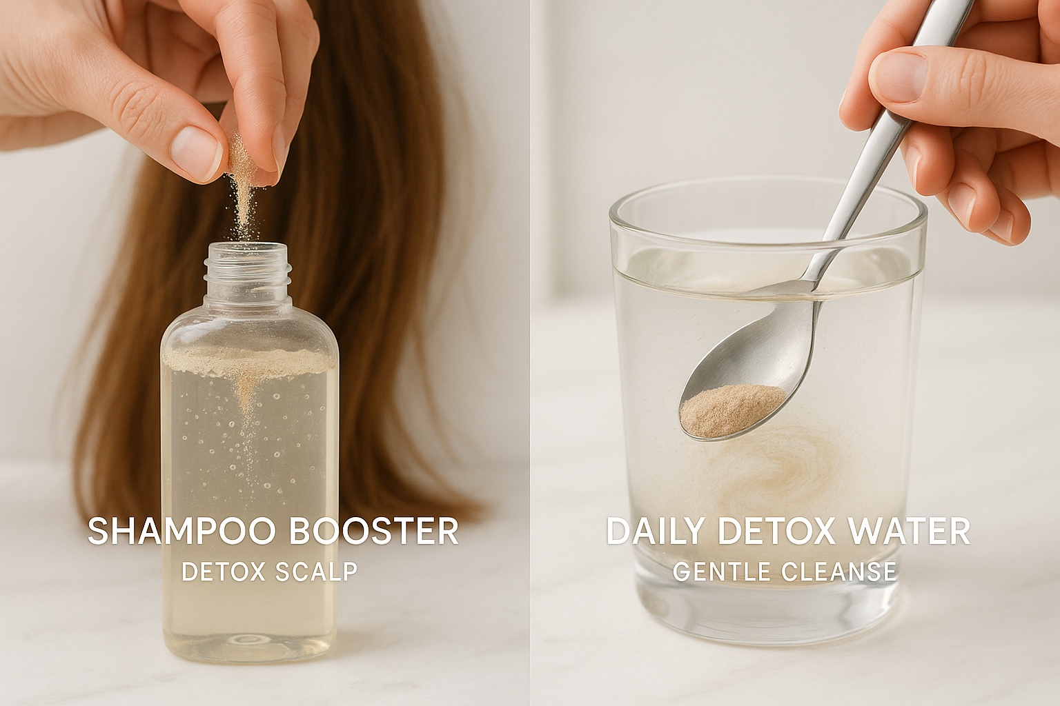 Shampoo booster bottle and glass of daily detox water with text labels.