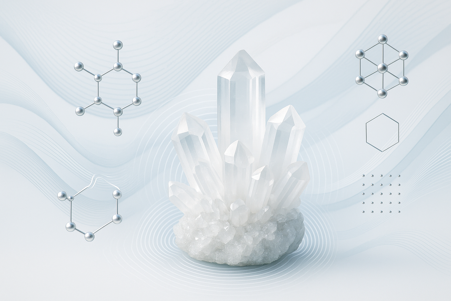 Crystal structure with molecular models on a light blue background