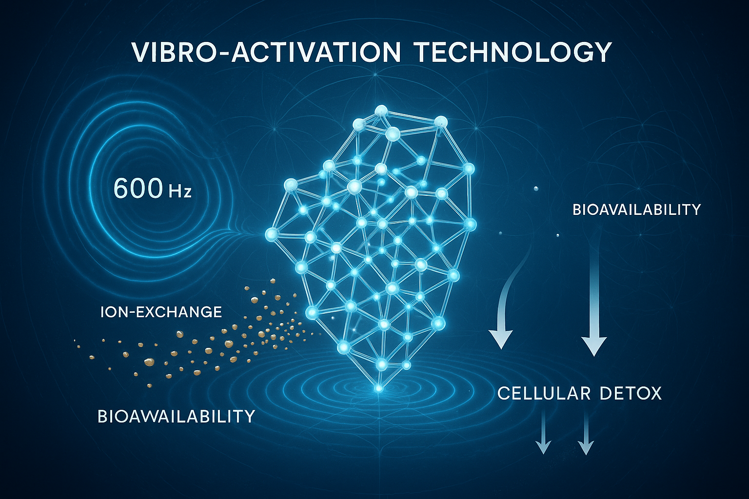Diagram of Vibro-activation technology with a geometric shape and text on a dark blue background