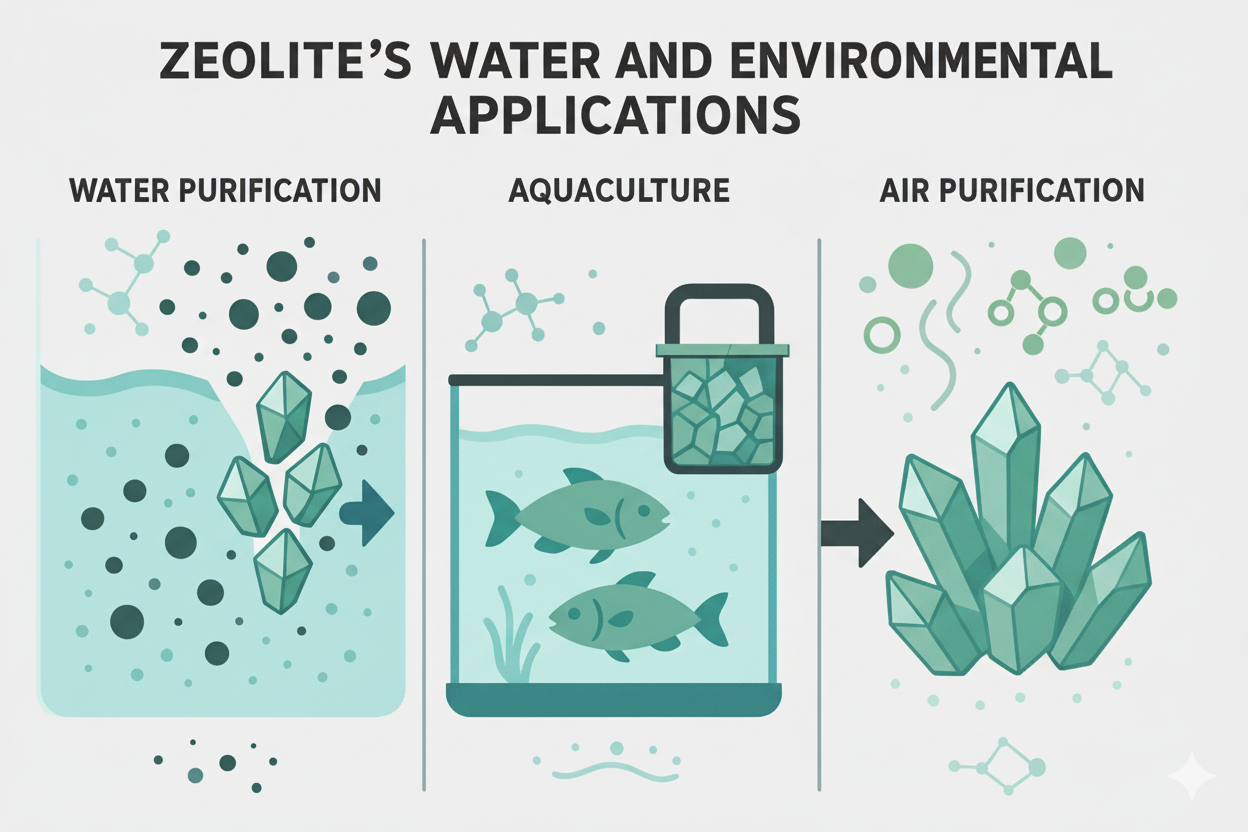 Diagram showing the applications of zeolite in water purification, aquaculture, and air purification.