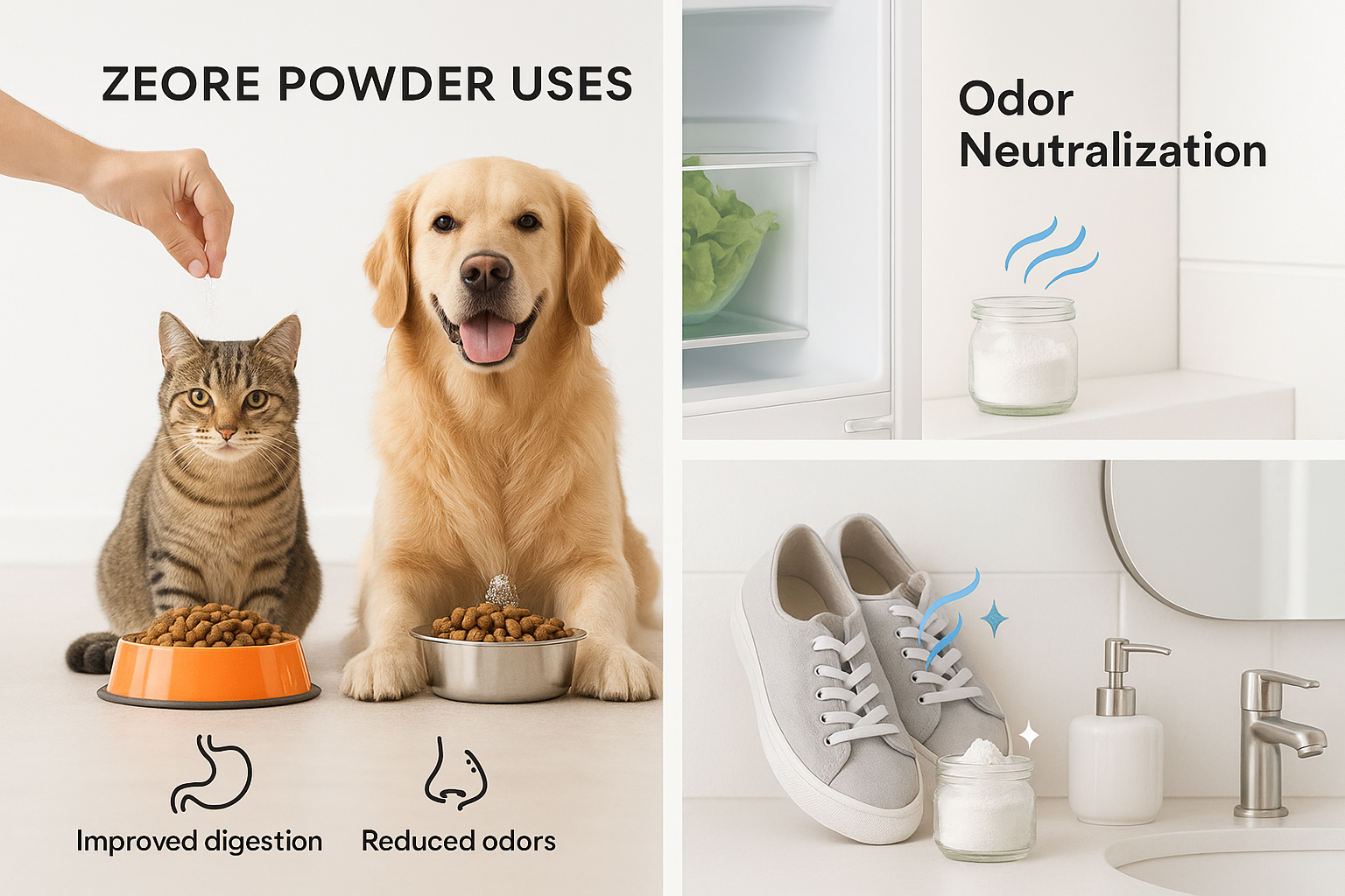 Zeore powder uses for pets, odor neutralization, improved digestion, and reduced odors with images of a dog, cat, and various settings.