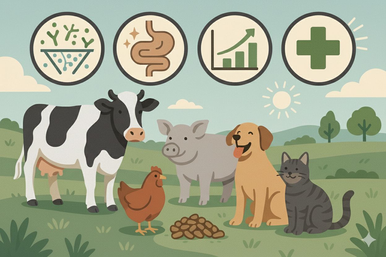 Illustration of farm animals with health and wellness icons in a pastoral setting