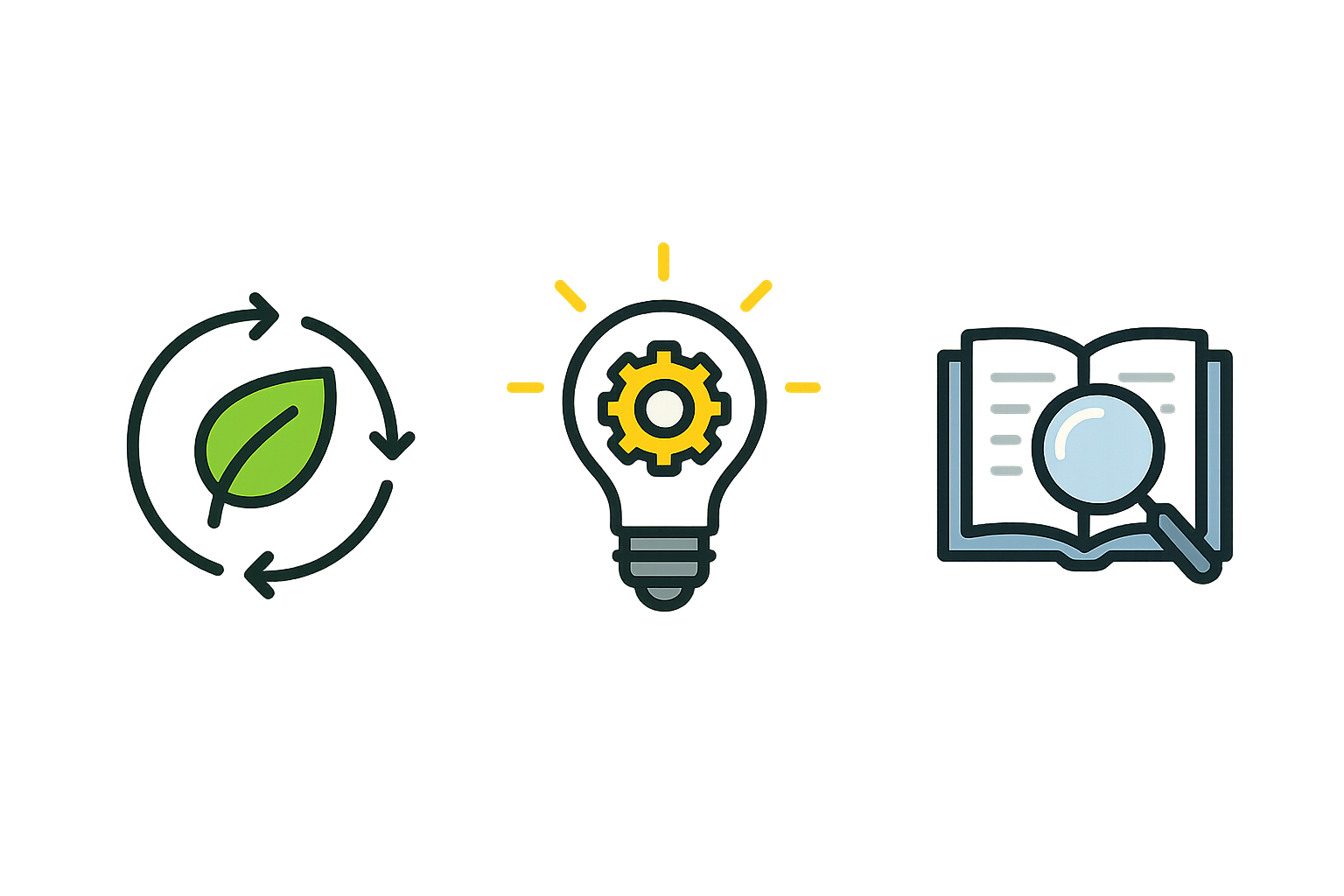 Three icons with short animated highlights for sustainability, innovation, transparency.
